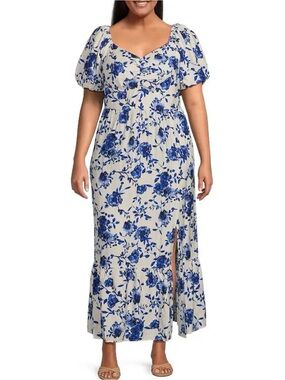 Skies Are Blue White Maxi Dress with Blue Floral Print